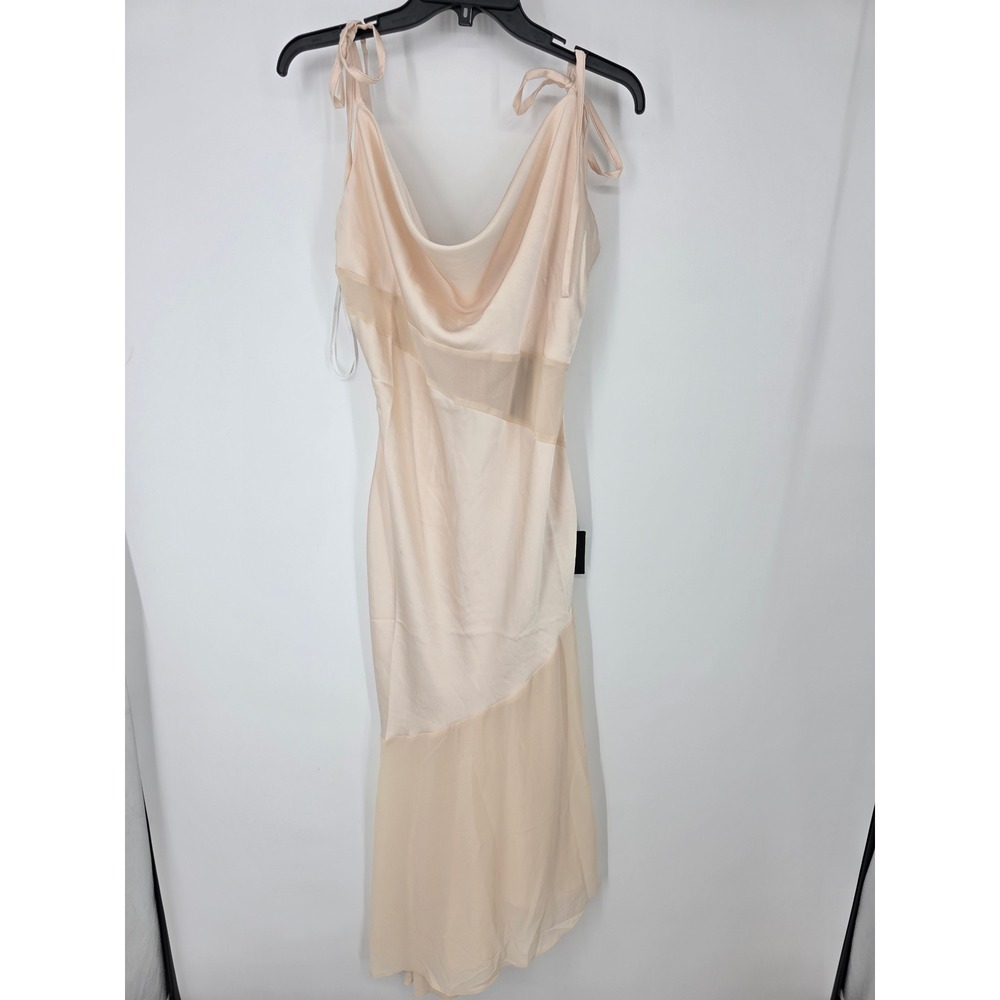 Lulus Enara Cream Satin Mesh Tie-Strap Asymmetrical Midi Dress Size XL - Picture 6 of 8